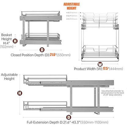 2-Tier Pull Out Cabinet Organizer 17.5"W x 22"D - size: 17.5 x 22 Inch