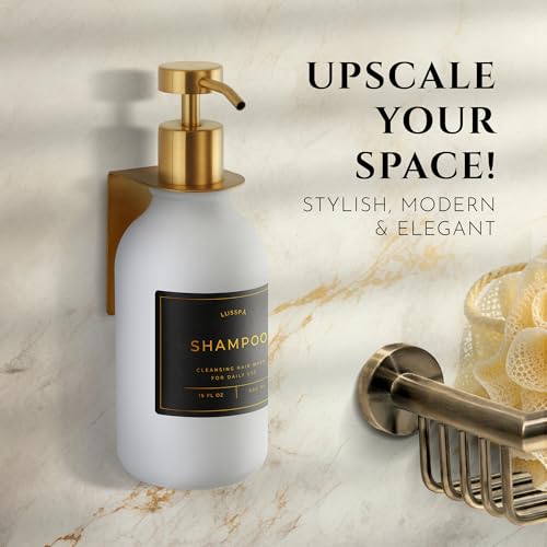 Shower Shampoo Dispenser Wall Mounted – Refillable 16.9 oz White Bottle with Stainless Steel Pump & No-Drill Adhesive Holder – Soap Dispenser for Bathroom (1 X White/Gold) - color: 1 X White/Gold