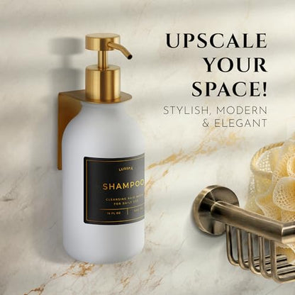 Shower Shampoo Dispenser Wall Mounted – Refillable 16.9 oz White Bottle with Stainless Steel Pump & No-Drill Adhesive Holder – Soap Dispenser for Bathroom (1 X White/Gold) - color: 1 X White/Gold