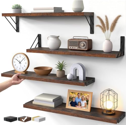 BAYKA Wall Shelves for Bedroom Decor, Floating Shelves for Wall, Display Mounted Rustic Wood Shelf for Books,Plants,Corner Shelves for Bathroom,Kitchen,Living Room(Rustic Brown，23in，Set of 4) - color: C. Rustic Brown Board & Black Brackets, size: 23-inch