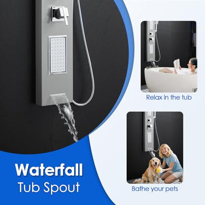 ROVOGO LED Shower Panel Tower System With Lights, 5 Shower Modes, Brushed | Rainfall Mist Shower Head, Large Body Jets, Handheld, Tub Spout, Stainless Steel Shower Column, Brass Mixing Valves, 50 Inch - style: 50" Brushed