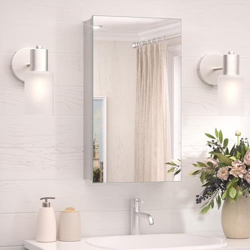TokeShimi 14x24 Bathroom Mirror with Storage Tempered, Aluminum Silver Recessed Medicine Cabinet with Mirror Frameless Stepless Adjustable Shelf, Surface Mount Medicine Cabinet for Bathroom - color: Silver, size: 14x24 in