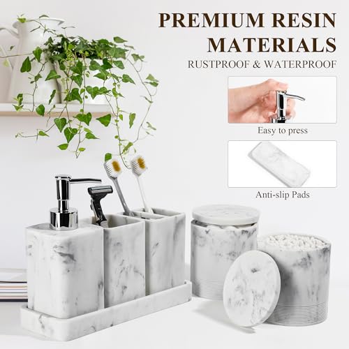 Bathroom Accessories Set, 6 Piece Soap Dispenser Set - Marble White | Bathroom Set with Toothbrush Holders, Soap Dispenser, Vanity Tray, Tumbler, Cotton Swab Jars, Bathroom Organizer and Storage - color: White