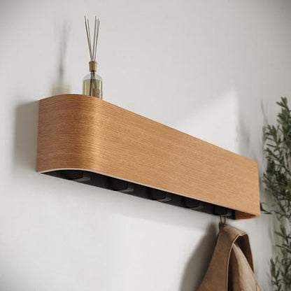 Kazai. Wall-Mounted Coat Rack 'Toke' - Modern Design Coat Rack with Hidden Wall Hooks - Solid Wood Veneer Panel Coat Hanger - Oak - color: Oak, size: 5 Hooks
