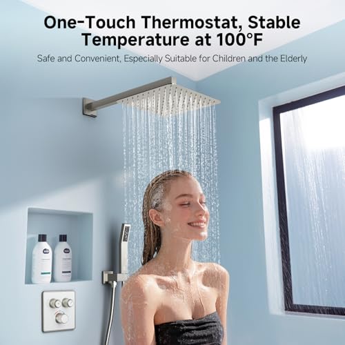 SR SUN RISE 100℉ Brushed Brushed Nickel Shower System,10 Inch | Luxury Rainfall Shower Head,High-Pressure Handheld Shower,Soild Brass,Wall Mount,Valve and Trim Kit Included - color: Brushed Nickel, style: 10"