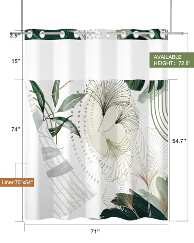 Modern No Hook Shower Curtain with Snap in Liner Set, 71x74 Inch | Double layer Waterproof Fabric with Mesh Top, Abstract Green Botanical Leaf & Geometric Print for Boho & Mid Century Bathroom - color: Boho-3