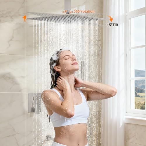 Brushed Nickel Shower System with Tub Spout, Ceiling Mounted Bathtub Shower Faucet Set, 12" Rainfall Shower Head and Handheld Shower Combo, High Pressure Shower Fixtures Set with Rough-in Valve - color: Brushed Nickel, style: 12" Ceiling Mounted Shower Sy