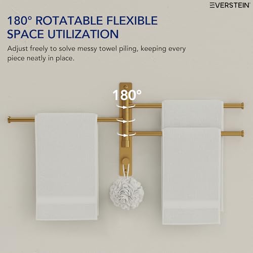 Swivel Towel Rack, Brushed Gold, 12.5 in, 3-Arm Towel Bar | 304 Stainless Steel, Space Saving, Wall Mounted, With Hook - color: Brushed Gold