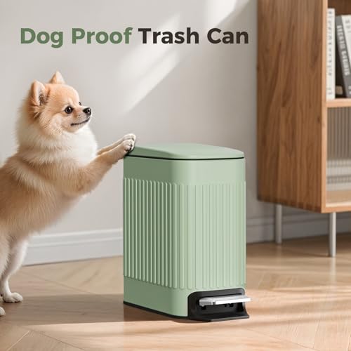 TrashAid Slim Bathroom Trash Can with Lid Soft Close & Pedal, 1.6Gal, Green | Removable Inner Bucket, Stainless Steel Garbage Can, Small Wastebasket for Toilet/Office/Bedroom, Retro Design, Odor Control - color: Green