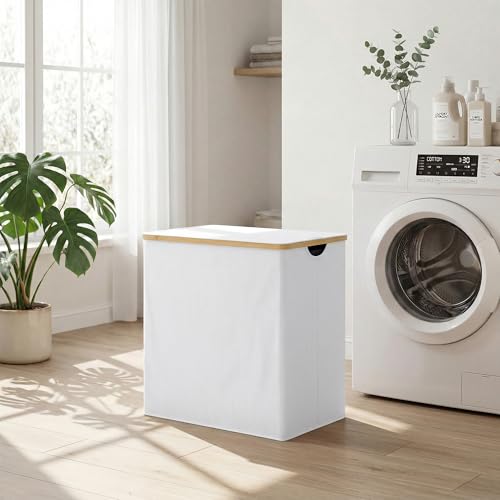 efluky Laundry Hamper with Lid, Double Laundry Basket with 2 Removable Bags, 2 Section Laundry Bin with Bamboo Handles for Bathroom, Bedroom & Laundry Room, 140L (36.9 Gallon) White - color: White, size: 140L Dual