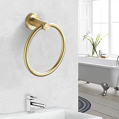 BATHSIR Brushed Gold Toilet Paper Holder & Hand Towel Holder Wall Mount 2 Pieces, Double Post Pivoting Round Modern Bathroom Hardware Towel Ring Toilet Tissue Holder, Bathroom Accessories Set - color: Gold 1