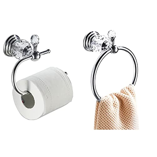 WOLIBEER Crystal Towel Hook, Chrome Towel Ring Toilet Paper Holder Hand Towel Holder Tissue Roll Paper Holder Towel Hanger Silver Bathroom Accessories 2 Pieces Wall Mounted - color: Chrome