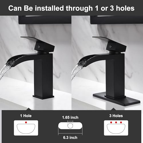 Waterfall Bathroom Faucet Black - Single Handle Bathroom Sink Faucets 1 or 3 Hole for 4IN Modern Solid Vanity Faucet with Deck Plate & Overflow Pop Up Drain Matte Black - color: A- Black