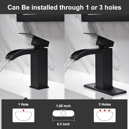 Waterfall Bathroom Faucet Black - Single Handle Bathroom Sink Faucets 1 or 3 Hole for 4IN Modern Solid Vanity Faucet with Deck Plate & Overflow Pop Up Drain Matte Black - color: A- Black
