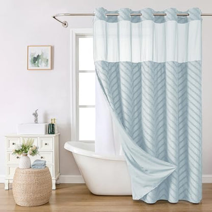 eachope No Hook Boho Farmhouse Shower Curtain with Snap-in Fabric Liner set-71Wx74H(72H),Tufted Chevron Striped Hotel Grade Cloth Shower Curtains for Bathroom with Window,Water Repellent,Fog Blue - color: Fog Blue, size: 71"W x 74"L (Pack of 1)