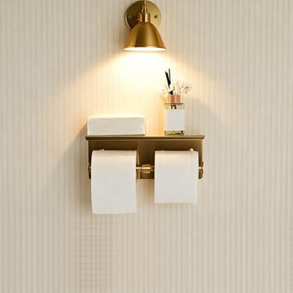 Toilet Paper Holder, NEWRAIN Double Bathroom Toilet Paper Roll Holder with Shelf, Stainless Steel Wall Mounted RV Tissue Roll Holder, Brushed Gold Commercial Farmhouse Toilet Paper Dispenser - color: Brushed Gold, style: Double