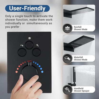 Thermostatic Shower System, Waterfall Shower Head(Matte Black) | 22-Inch Rain & Waterfall Large Shower Head, High Pressure Handheld Sprayer, 3 Modes Push Button Valve - color: Matte Black