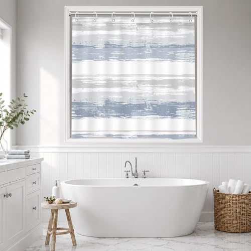 Abstract Blue Short Small Modern White Gray Bathroom Shower Curtain Set | 40Wx36H Striped Geometric design, waterproof HD print with fast-drying fabric and 12 hooks. - color: A1-blue Grey, size: 40"W x 36"L (Pack of 1)