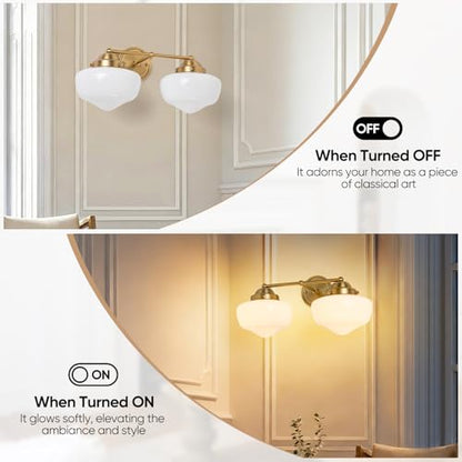 2 Light Bathroom Vanity Light, Bathroom Light Fixture with Milky White Glass Shade and Matte Brass Finish, Vanity Lights for Bathroom, Brushed Gold Vanity Light - color: Milky white, size: Butterfly Double-Ended