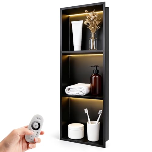 LED Shower Niche 12 X 36 Shower Niche No Tile Needed | 304 Stainless Steel Shower Niche with 3000K Warm Light, IP65 Waterproof Bathroom Niche for Shower, Remote Control, Seamless - color: Matte Black-warm White, size: 12" X 36"