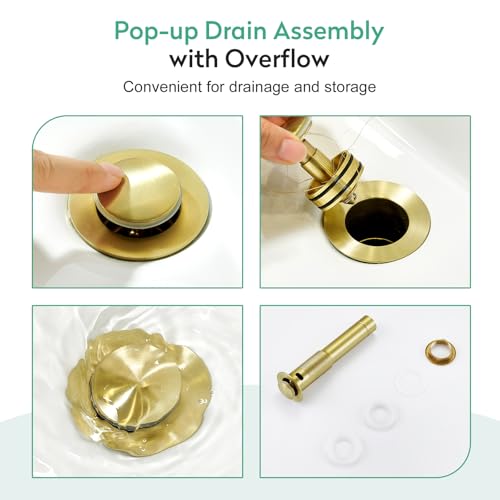 Faustina Light Gold Bathroom Faucet, Single Handle Stainless Steel Bathroom Vanity Faucet with Metal Pop-Up Drain & Deck Plate for 1 or 3 Hole - color: Gold, style: Classic