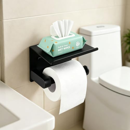 Toilet Paper Holder Wall Mounted with Phone Stand for Tissue Rolls | 2-in-1 Adhesive/Drill Mount Stainless Steel Bathroom Tissue Paper Dispenser, High Load Capacity, Easy Install