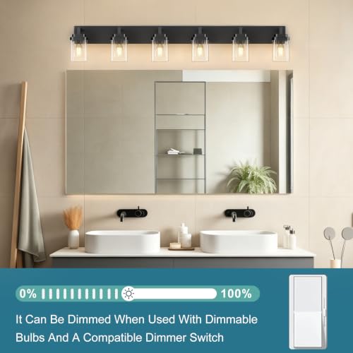 Matte Black Bathroom Light Fixtures, Modern Vanity Lights with Clear Glass Lamp Shade, Bathroom Lighting Fixtures Over Mirror, Restroom Vanity Lighting Fixture, 6-Light 46 Inch - color: Blakc, size: 6-Light