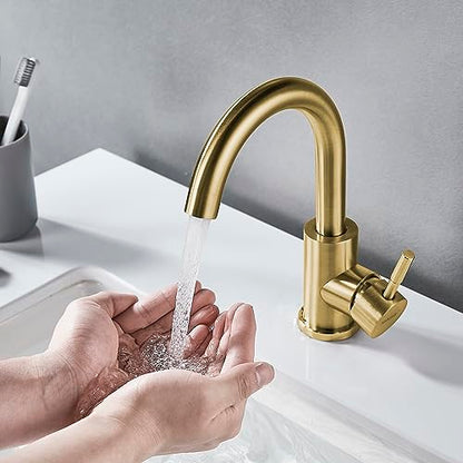 Wet Bar Sink Faucet Single Hole Brushed Gold, Modern Single Handle Bathroom Sink Faucet Commercial Stainless Steel Prep Sink Faucet - color: Brushed Gold, size: No drain