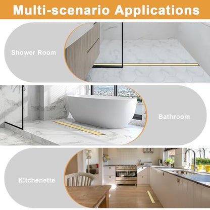 Linear Shower Drain - 48 Inch Brushed Gold, with Tile Insert Panels | AISI 304 Stainless Steel Shower Drain with Adjustable Feet, Hair Catcher, Rectangle Shower Floor Drain Fits Bathroom, Balcony - color: Brushed Gold, size: 48 Inch