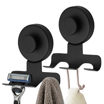 Shower Suction Razor Holder, Stainless Steel No-Drill Bathroom Hook | Reusable, Waterproof & Rustproof, Holds Up to 15 lbs – Fits Razors, Towels, Loofahs, Glass Doors & Tiles, Black 2-Pack - color: Black