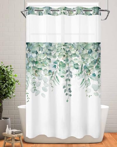 No Hook Shower Curtain and Snap in Liner Set, Green Eucalyptus Fabric Bathroom Stall Shower Curtains 36x72, See Through Mesh Top Window, Spring Summer Botanical Floral Leaves Country Hotel Style - color: Green, size: 36"W x 72"L (Pack of 1)