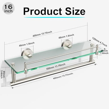 Floating Tempered Glass Bathroom Shelf with Towel Bar - Brushed Nickel & Stainless Steel, Wall Mount 16 Inch - color: Brushed Nickel, size: 16-inch with Railing
