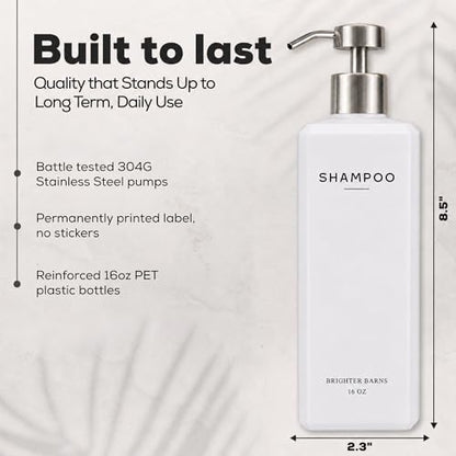 White Shampoo and Conditioner Dispenser Set by Brighter Barns - Shower Dispenser for Bathroom - Refillable Plastic Shampoo Bottle & Stainless Steel Pump - Shampoo Dispenser for Airbnb, Hotel (White) - color: White