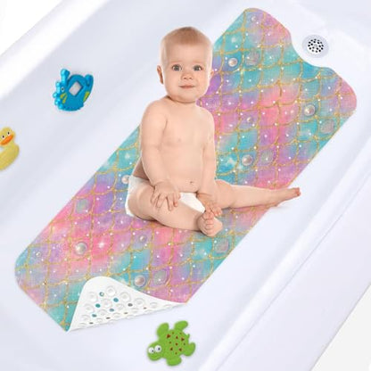 Mermaid Seashell Glitter Bathtub Shower Mat Ocean Princess Non-Slip Tub Extra Long Bath Floor 40X16 Inch Machine Washable for Bathroom Tub Bath Mat for Toddler and Baby - color: Coloful Mermaid Scales