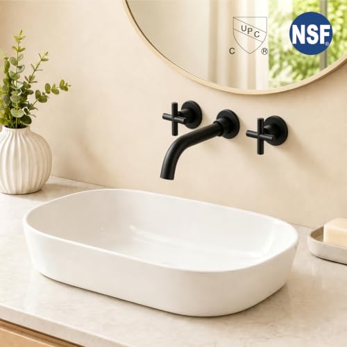Midanya Wall Mount Bathroom Faucet 3 Hole 2 Cross Handle,Matte Black | SUS304 Stainless Steel,Rough-in Valve Included,360° Swivel Spout,for Bathroom Sink,Vanity - color: Matte Black