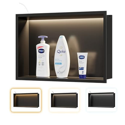 Qeke 18" X 12" Stainless Steel Shower Niche w/ 3 CCT Dimmable Light, Black | No Tile Needed Wall Niche, Recessed Niche w/ Light(3000K/4000K/6000K), IP66 Waterproof, Space Saving & Durable - color: Matte Black, size: 18" X 12"