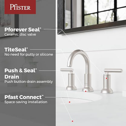 Pfister Capistrano Widespread Bathroom Sink Faucet 2 Handle 3 Hole Brushed Nickel Vanity Faucet with Push & Seal Drain TiteSeal Mount NSF Certified Bath Fixture LF049CSOGS - color: Spot Defense Brushed Nickel, size: 1 Pack