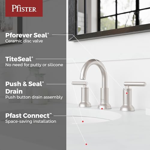 Pfister Capistrano Widespread Bathroom Sink Faucet 2 Handle 3 Hole Brushed Nickel Vanity Faucet with Push & Seal Drain TiteSeal Mount NSF Certified Bath Fixture LF049CSOGS - color: Spot Defense Brushed Nickel, size: 1 Pack