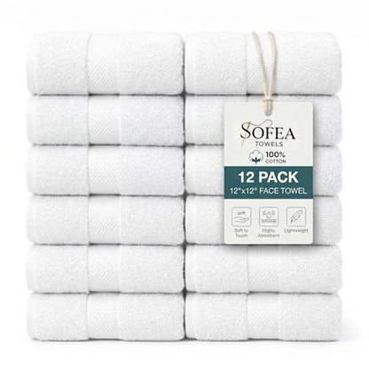Sofea 100% Cotton Washcloths Set of 12, (12 x 12 Inch) 520 GSM Wash Cloths, Extra Soft Absorbent Quick Dry Face Towels - color: White