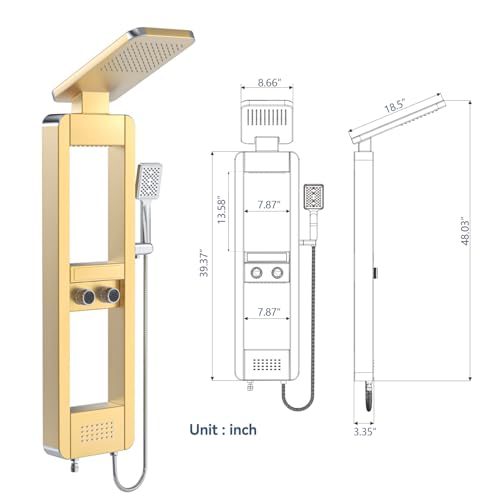 ELLO&ALLO Shower Panel Tower System with Shelf, Rainfall Shower Head and Rain Massage System with Body Jets, Stainless Steel Bathroom Fixtures, Brushed Gold&Chrome