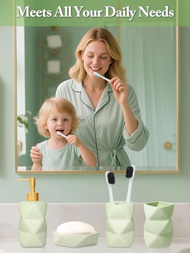 Ceramic Bathroom Accessories Set, 4-Piece Green Bathroom Set Complete with Soap Dispenser Set, Toothbrush Holder, Tumbler & Soap Dish – Bathroom Sets Accessories for Home, Apartment, Idea - color: Green
