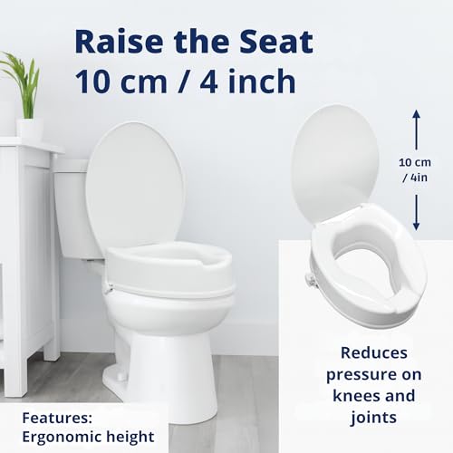 Raised Toilet Seat with Lid 4‑Inch Toilet Riser – Easy Tool‑Free Installation Fits Standard round Toilets Senior, Disabled & Pregnant Support Secure Lock, Durable Plastic