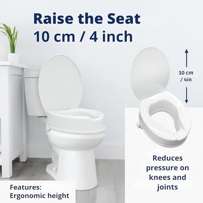 Raised Toilet Seat with Lid 4‑Inch Toilet Riser – Easy Tool‑Free Installation Fits Standard round Toilets Senior, Disabled & Pregnant Support Secure Lock, Durable Plastic