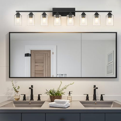Matte Black Bathroom Vanity Light, 8-Light Modern Vanity Lighting Fixtures Over Mirror with Clear Glass Shade,Square Design,Wall Sconces for Living Room Cabinet Bedroom,E26 Socket - size: 8-Light
