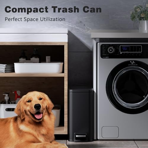 Slim Bathroom Trash Can with Lid Soft Close, 1.6 Gallon Stainless Steel Garbage Can with Removable Inner Bucket, Durable Step Pedal, Small Trash Bins for Toilet, Bedroom, Kitchen, Office - color: Black, size: 1.6 Gallon