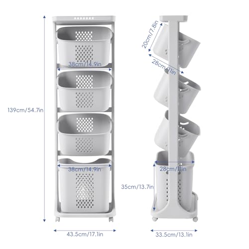 4 Tier Rolling Laundry Sorter Cart, Laundry Hamper with Wheels and Removable Baskets, Narrow Laundry Organizer for Bathroom, Bedroom and Laundry Room, Large Capacity Clothes Storage Cart