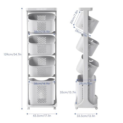 4 Tier Rolling Laundry Sorter Cart, Laundry Hamper with Wheels and Removable Baskets, Narrow Laundry Organizer for Bathroom, Bedroom and Laundry Room, Large Capacity Clothes Storage Cart