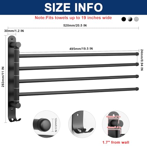 NearMoon Swivel Towel Rack, 19.5" Thicken 304 Stainless Steel 4-Arm Towel Bar, Space Saving Wall Mounted Towel Holder with Hook, Rustproof Swing Out Towel Hanger for Bathroom, Kitchen (Matte Black) - color: Matte Black, size: 19.5 Inch