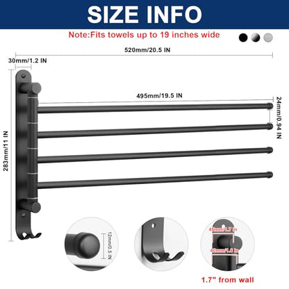 NearMoon Swivel Towel Rack, 19.5" Thicken 304 Stainless Steel 4-Arm Towel Bar, Space Saving Wall Mounted Towel Holder with Hook, Rustproof Swing Out Towel Hanger for Bathroom, Kitchen (Matte Black) - color: Matte Black, size: 19.5 Inch