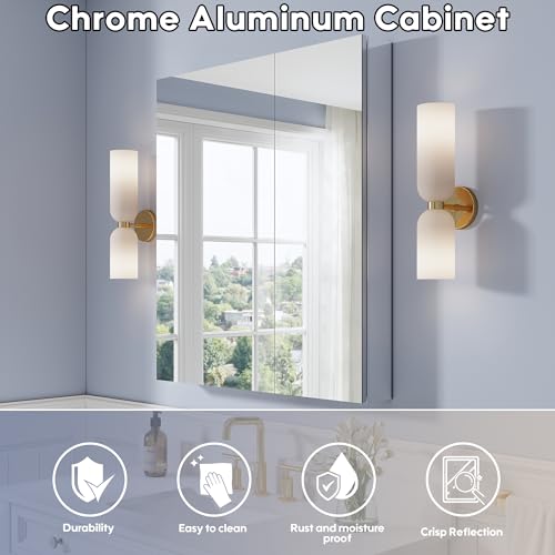 32" x 36" Bathroom Medicine Cabinet with Mirror, Anodized Chrome Aluminum Frame, Surface Mount or Recessed Medicine Cabinet with Mirror, Bathroom Mirror with Storage, Double Doors - size: 32"x36"-A